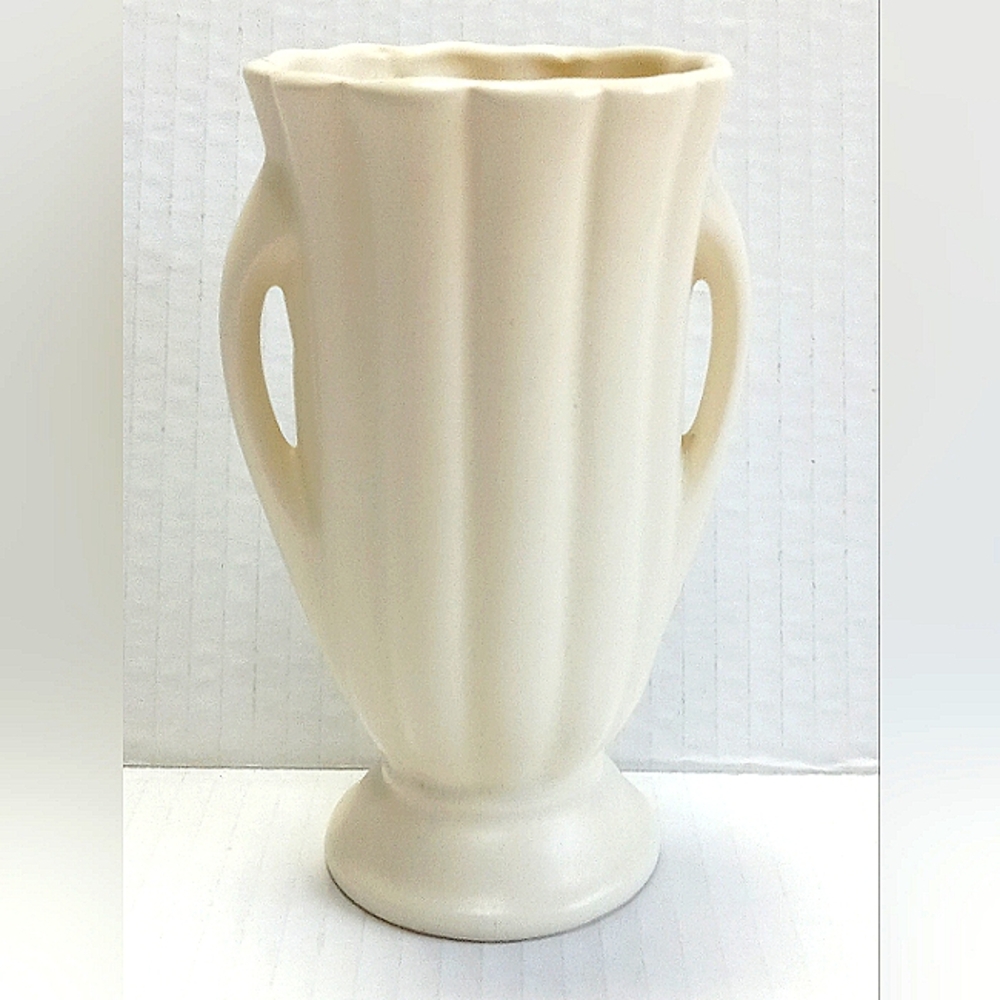 Vintage USA Pottery Slim Ribbed Double Handled Vase